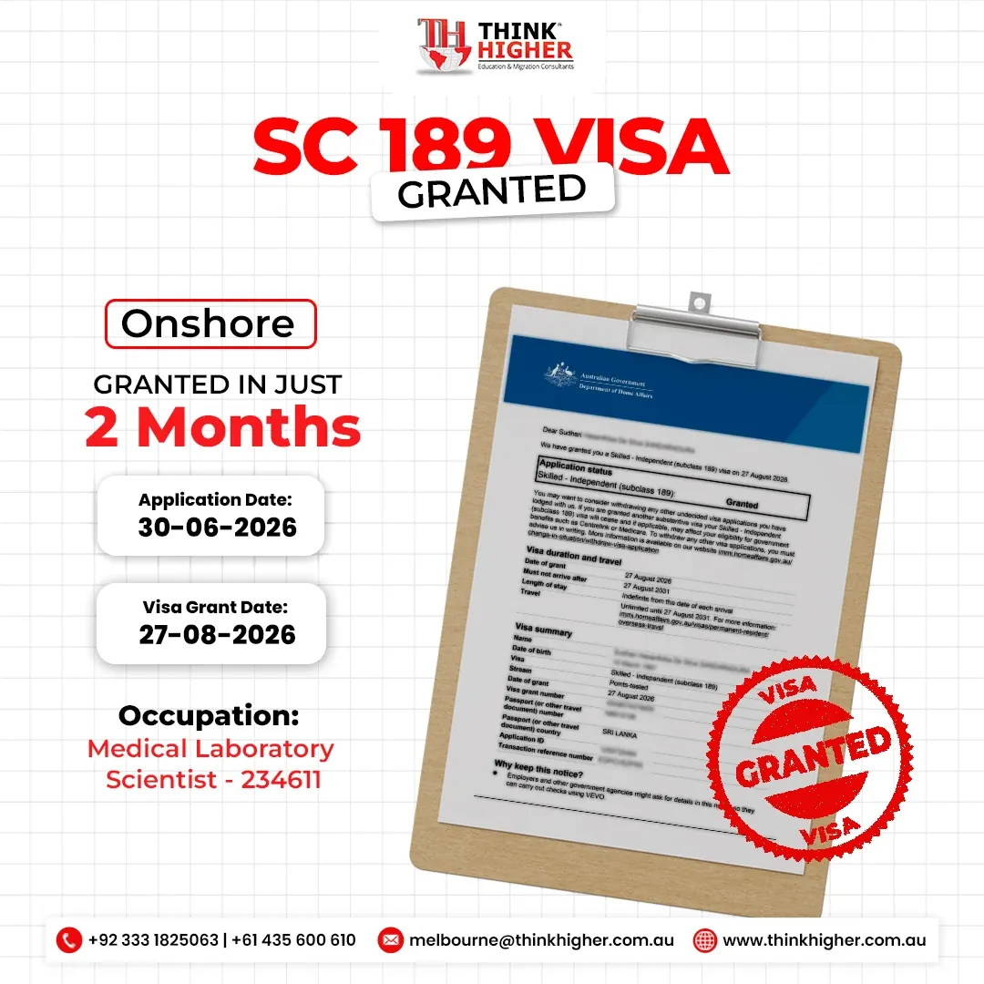 Think Higher success story artwork for an onshore Skilled Independent Visa Subclass 189 grant