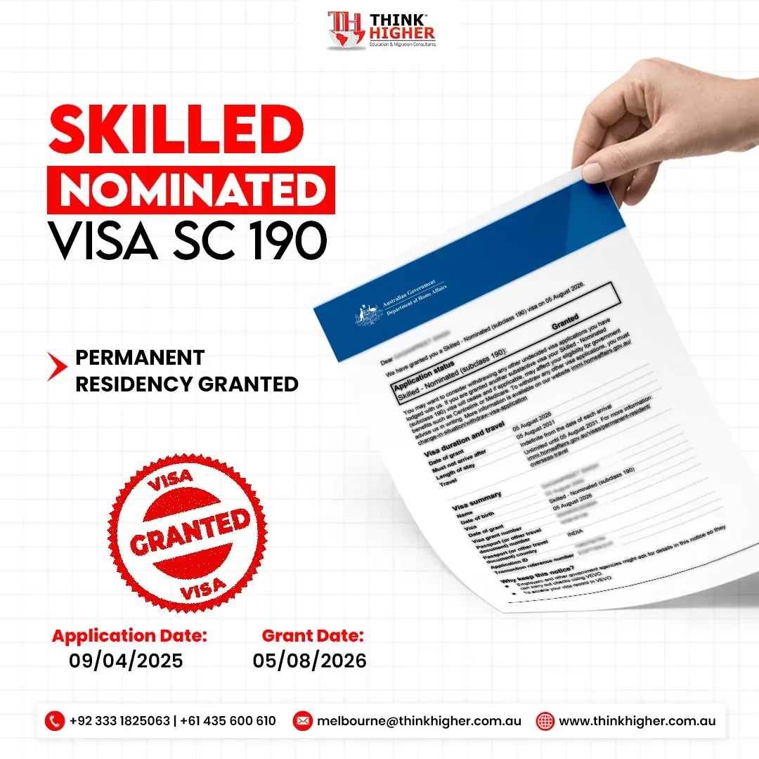 Think Higher success story artwork for a Skilled Nominated Visa Subclass 190 grant