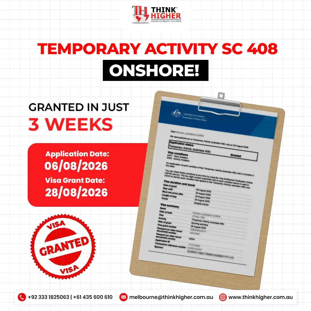 Think Higher success story artwork for an onshore Temporary Activity Visa Subclass 408 grant