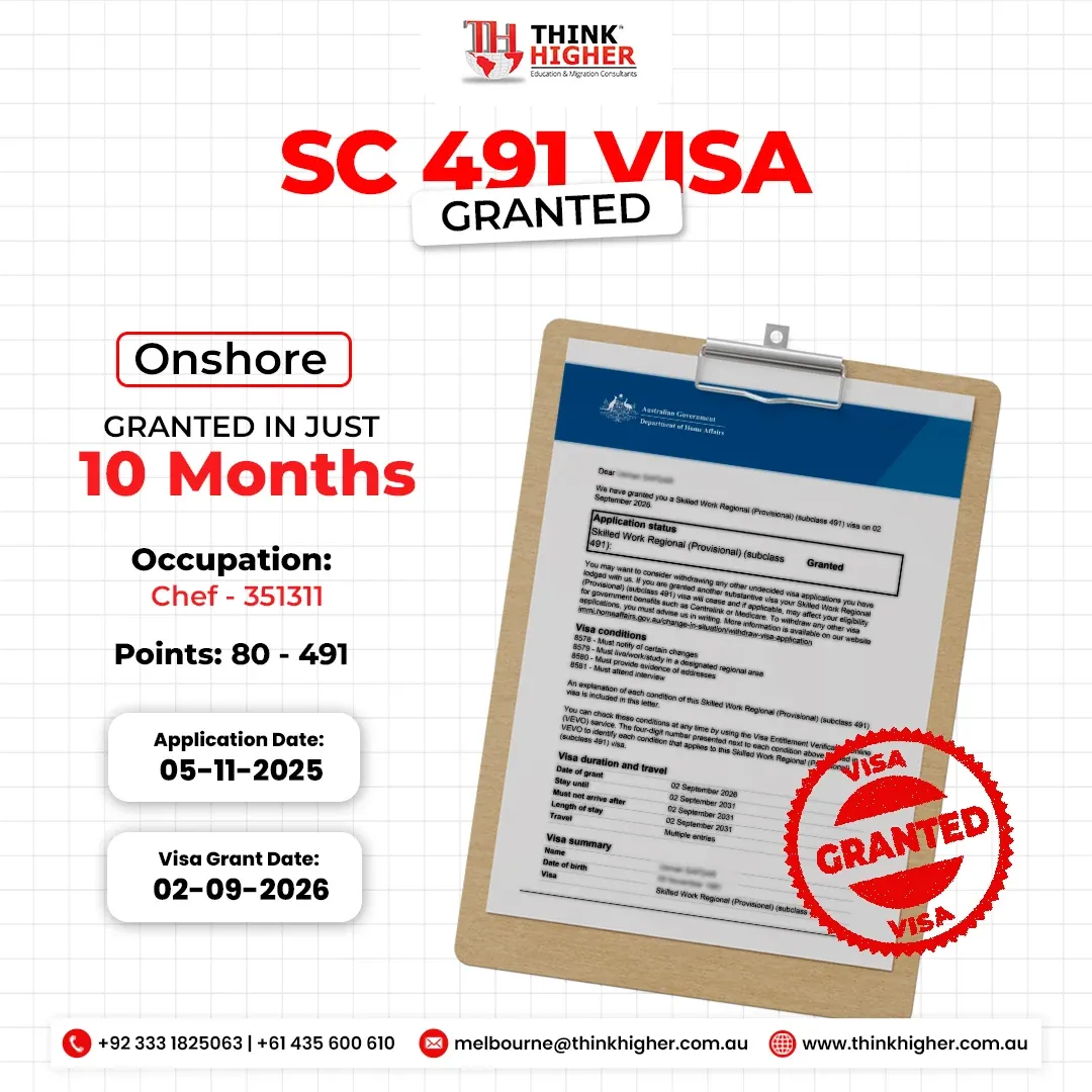Think Higher success story artwork for an onshore Skilled Work Regional Visa Subclass 491 grant