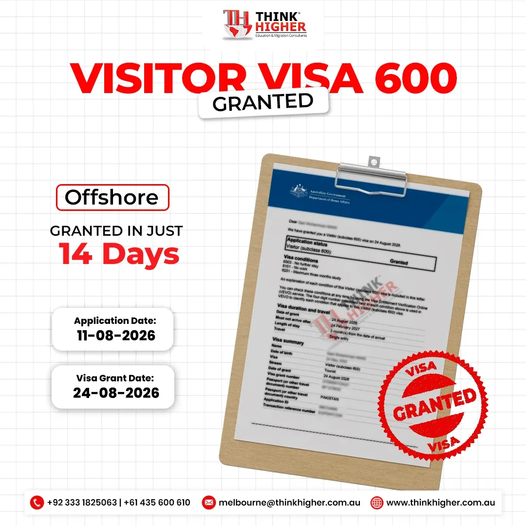 Think Higher success story artwork for an offshore Visitor Visa Subclass 600 grant